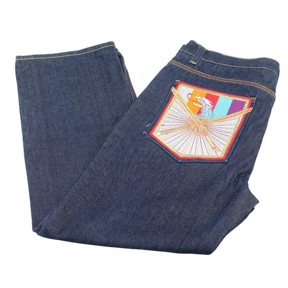 Vintage COOGI Sz 40X32 Y2K Embroidered Rainbow Colors Dk Wash Straight Leg Jeans - Picture 2 of 16